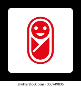 Infant vector icon. Style is flat rounded square button, red and white colors, black background.