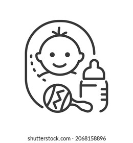 Infant - vector line design single isolated icon on white background. High quality black pictogram. Happy baby and toys image. Starting a new life, taking care of the newborn child