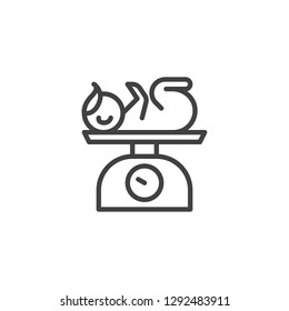 Infant weight scale line icon. linear style sign for mobile concept and web design. Weight scale for baby outline vector icon. Symbol, logo illustration. Pixel perfect vector graphics
