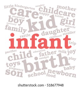 Infant. Word cloud, red font, white background. Family concept.