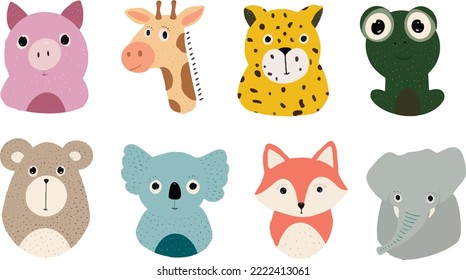 Infantile animals draw pig frog elephant fox bear giraffe jaguar sloth ilustration vector