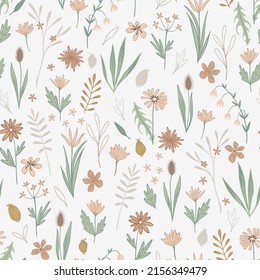 Infantile doodle floral seamless pattern in pale brown and green colors. Vector background for nursery or children's room.