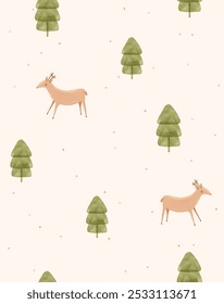 Infantile Drawing-like Christmas Seamless Vector Pattern. Winter Holidays Endless Print With Fir Trees, Stars and Reindeer on a Light Beige Background. Cute Hand Drawn Christmas Wallpaper. RGB.