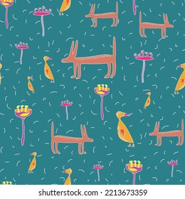 Infantile style funny dog and little goose seamless pattern. Childish cartoon art.