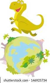 Infantile style illustration of a smiling dinosaur running on a globe full of volcanoes and palm trees, no outline and white background.
