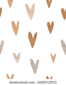 Infantile Style Print With Brown, Beige And Gray Hearts. Irregular Seamless Vector Pattern With Hand Drawn Hearts On a White Background. Simple Childish Print With Love Symbol.Romantic Wallpaper. RGB.
