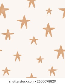 Infantile Style Print With Brown Stars. Irregular Seamless Vector Pattern With Hand Drawn Stars On a Beige Background. Simple Childish Starry Print for Fabric, Textile, Wrapping Paper. RGB.
