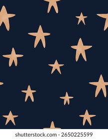 Infantile Style Print With Brown Stars. Irregular Seamless Vector Pattern With Hand Drawn Stars On a Dark Blue Background. Simple Childish Starry Print for Fabric, Textile. Starry Wallpaper. RGB.