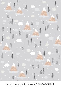Infantile Style Seamless Vector Pattern with Hand Drawn Snowy Mountain. Lovely Nursery Art with Winter Mountain Landscape. Cute Abstract Hills, Trees and Fluffy Clouds Isolated on a Gray Background.