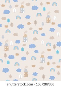 Infantile Style Seamless Vector Pattern with Houses, Rainbow and Clouds. Lovely Nursery Art for Fabric, Wrapping Paper, Card.Cute Print with Abstract Houses,Trees and Clouds Isolated on a Light Brown.