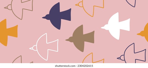 Patrón de vectores sin foco de estilo infantil con aves voladoras. Gaviotas naranjas, blancas, azules y marrones aisladas en un fondo rosado pastel. Simple Resumen Diseño Repetible con Aves Cutas Imprimidas.
