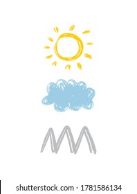 Ilustración de vectores de estilo infantil con Sol abstracto, Nube Azul y Montañas aisladas en un fondo blanco. Paisaje Resumen Simple. Dibujo Infantil.