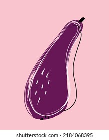 Infantile Style Vector Illustration with Abstract Violet Eggplant on a Pastel Pink Background. Funny Creative Print with Aubergine and White Scribbles ideal for Poster, Wall Art, Decoration. 