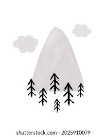 Infantile Style Vector Illustration with Black Sketched Trees, Fluffy Clouds and Big Gray Mountain on a White Background.Winter Lanscape Print ideal for Poster, Card, Wall Art. Tree Made of Scribbles.