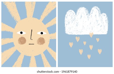 Infantile Style Vector Illustrations with Light Yellow Sun, White Fluffy Cloud and Rain of Hearts Isolated on a Light Blue Background.Lovely Print ideal for Card, Wall Art, Kids Room Decoration. 