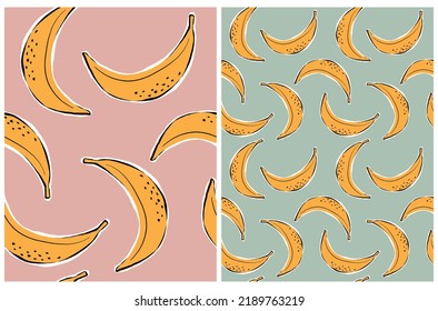 Infantile Style Vector Seamless Patterns with Yellow Banana with Black Spots isolated on a Blush Pink and Mint Green Background. Cute Repeatable Print with Sweet Simple Hand Drawn Exotic Fruits. 