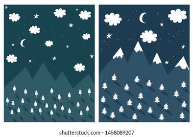 Infantile Style Winter Vector Illustrations. Simple Abstract Christmas Trees. White Stars, Moon and Clouds Isolated on a Dark Blue Background. Winter Forest Graphic for Card, Greeting. Snowy Night.