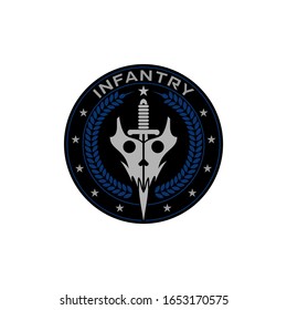 Infantry Skull mask and dagger blade military in Shield badge. logo design template for military, tactical, armory, veteran, security, team.
