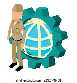 Infantry soldier icon isometric vector. Soldier in military uniform, globe grid. Military serviceman, army concept