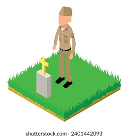 Infantry soldier icon isometric vector. Soldier in uniform stand near grave icon. Military cemetery, remembrance day