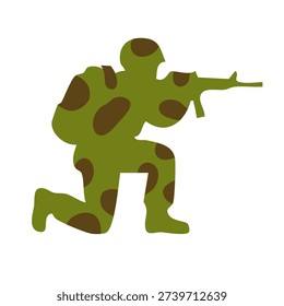 infantry soldier kneeling while aiming a rifle wearing a green camouflage suit