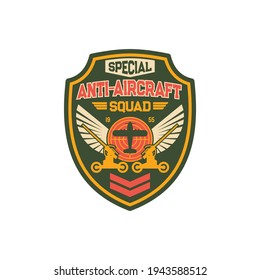 Infantry squad with anti-aircraft machine, tank tracks operation, plane and eagle wings. Vector anti aircraft artillery military chevron with armored vehicle, target aim. Air defense, warfare seal