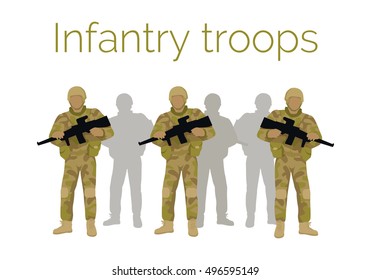 Infantry troops soldiers with weapon. Men in camouflage combat uniform. Branch of army engages in close military combat on foot. Bear large brunt of warfare, suffer great number of casualties. Vector