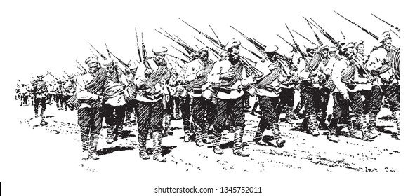 Infantería que es la infantería rusa en la marcha, dibujo vintage o ilustración grabadora.