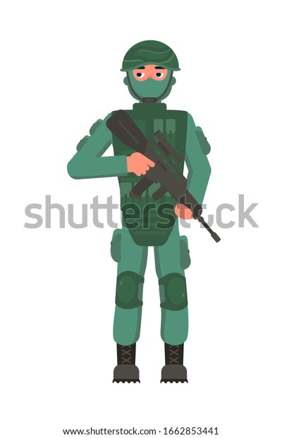 アサルトライフルを手に持つ歩兵の軍人 白い背景に立つ 迷彩服を着た勇敢な歩兵 胴鎧 顔面 ヘルメット 見張りか見張りか ベクターイラスト のベクター画像 素材 ロイヤリティフリー