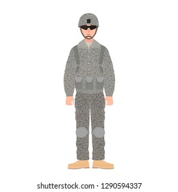 Infantería de las fuerzas armadas de los Estados Unidos con uniforme de combate, casco y gafas. Soldado o soldado vestido de batalla aislado de fondo blanco. Caricatura masculina. Ilustración vectorial plana.