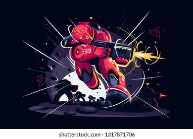 Infantryman with weapon in battlefield vector illustration. Foot-soldier shoots a gun. Military invader of future with hardware flat style concept. Isolated on dark background