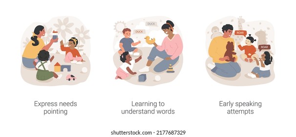 Infants development milestone isolated cartoon vector illustration set. Child care, express needs pointing, learning to understand words, early speaking attempts, early education vector cartoon.