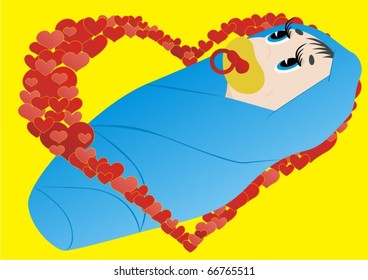 Infants with a pacifier wrapped in swaddling clothes in an abstract heart
