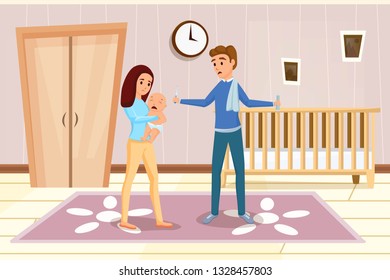 Infants problems composition with frustrated parents soothing crying newborn baby in room background vector illustration