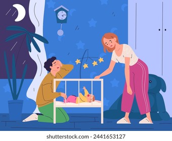 Infants sleeping problems. Sleepy exhausted parents couple and crying newborn baby from colic in night room, tired father mother parental fatigue problem vector illustration of exhausted motherhood