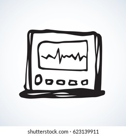 Infarction analyse record technical tool isolated on white background. Web abstract outline science symbol concept. Linear black ink hand drawn curve arrhythmia diagram sketch in retro doodle style