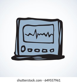 Infarction analyse record technical tool isolated on white background. Web abstract outline science symbol concept. Linear black ink hand drawn curve arrhythmia diagram sketch in retro doodle style