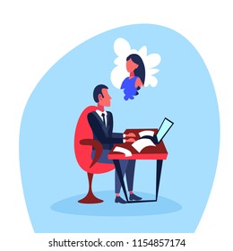 infatuated businessman sitting office workplace thinking woman dream hard working concept cartoon character isolated full length flat vector illustration