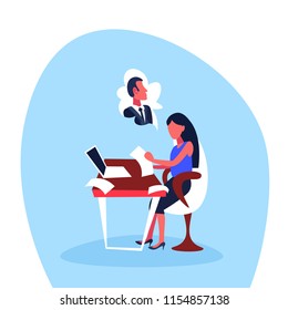 infatuated businesswoman sitting office workplace thinking man dream working process concept cartoon character isolated full length flat vector illustration