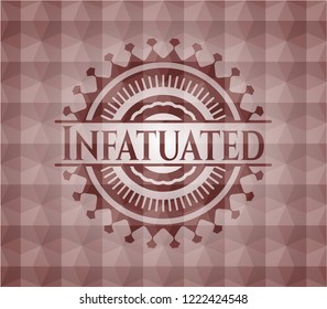 Infatuated red badge with geometric pattern background. Seamless.