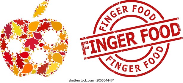 Icono de composición de Apple infectado construido para la temporada de otoño con sello Finger Food. El mosaico de manzanas infectado por vectores está compuesto por hojas de arce y roble de caída aleatoria.