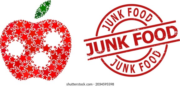 Infected apple star pattern and grunge Junk Food stamp. Red stamp with grunge surface and Junk Food tag inside circle. Abstract infected apple mosaic is designed with scattered flat star icons.