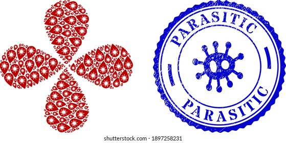 Infizierte Blütenblüte und blauer, rundes PARASITIC gekratztes Gummiprint mit Icon innen. Elementblume mit 4 Blütenblättern, geordnet nach orientiertem infiziertem Bluttropfen.
