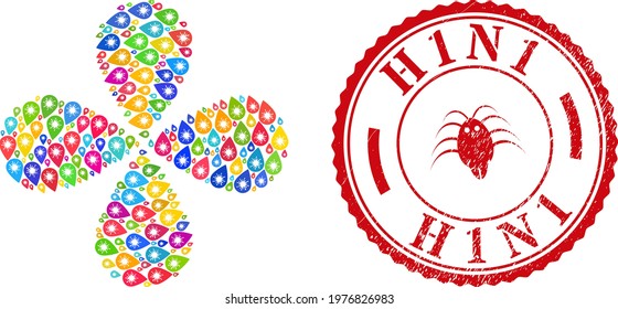Infected blood drop multi colored twirl flower with 4 petals, and red round H1N1 corroded stamp print. Infected blood drop symbol inside round stamp.