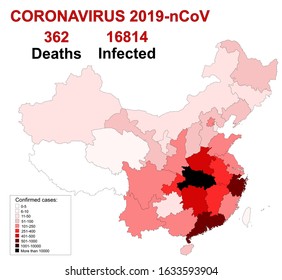Infected China provinces. China pathogen respiratory coronavirus 2019-nCoV outb. 2019-nCoV. Flat China detailed vector map with infographics.  2019-nCoV infographics. Every province in separete layer.