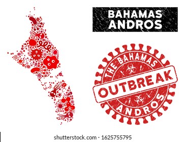 Infected collage Andros Island of Bahamas map and red grunge stamp seal with OUTBREAK caption. Andros Island of Bahamas map collage formed with random microbe cell elements.