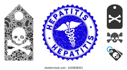 Infected collage death mark icon and rounded rubber stamp seal with Hepatitis phrase and healthcare sign. Mosaic vector is formed with death mark pictogram and with scattered contagious items.