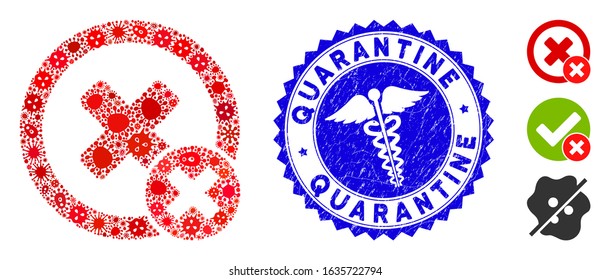 Infected collage false negative icon and round corroded stamp seal with Quarantine phrase and serpents symbol. Mosaic vector is composed with false negative icon and with scattered epidemic symbols.