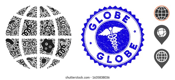 Infected collage globe icon and round rubber stamp seal with Globe text and serpents symbol. Mosaic vector is designed with globe icon and with scattered epidemic icons.