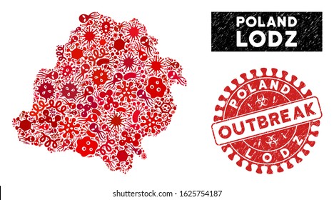 Infected collage Lodz Voivodeship map and red rubber stamp seal with OUTBREAK text. Lodz Voivodeship map collage designed with scattered viral icons. Red round OUTBREAK seal stamp with dirty texture.